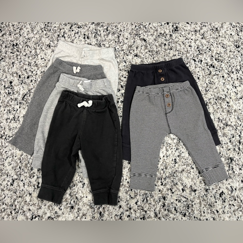 Carter's Kids Grey & Black Cotton Joggers, Bundle of 6, size 6 months